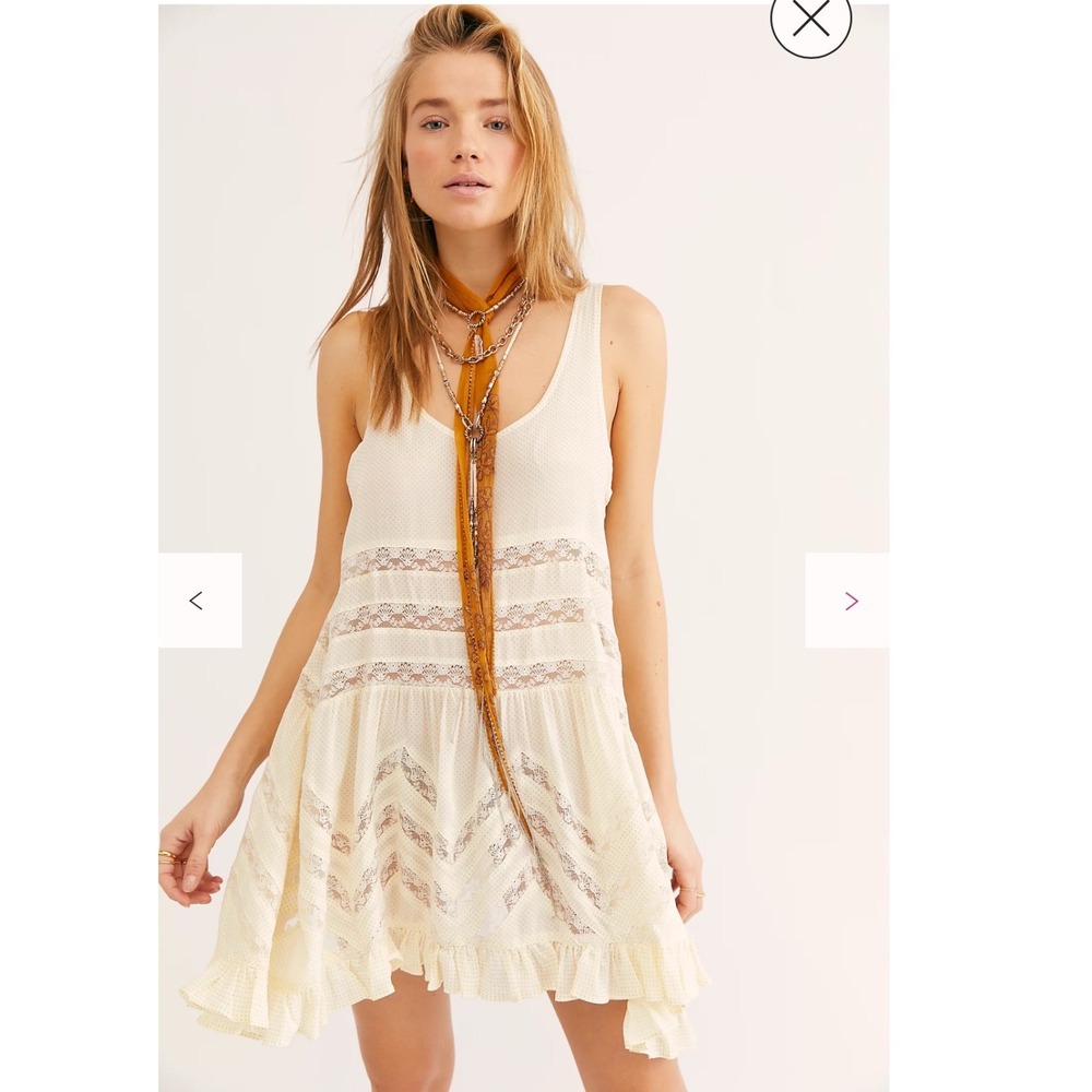 Intimately Free People Voile and Lace Tea Trapeze Slip Dress Beige Dot Cream XS